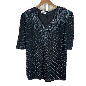 Frank Usher Vintage Beaded Silk Blouse Womens S Small Padded Shoulders